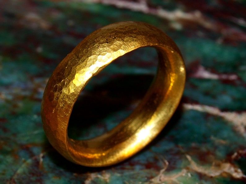 24k Gold Band - 7mm Comfort Fit Solid Gold Ring - Hand Forged Hammered Texture - Rustic Handmade Men's Engagement Ring - Pure .999 Gold image 6
