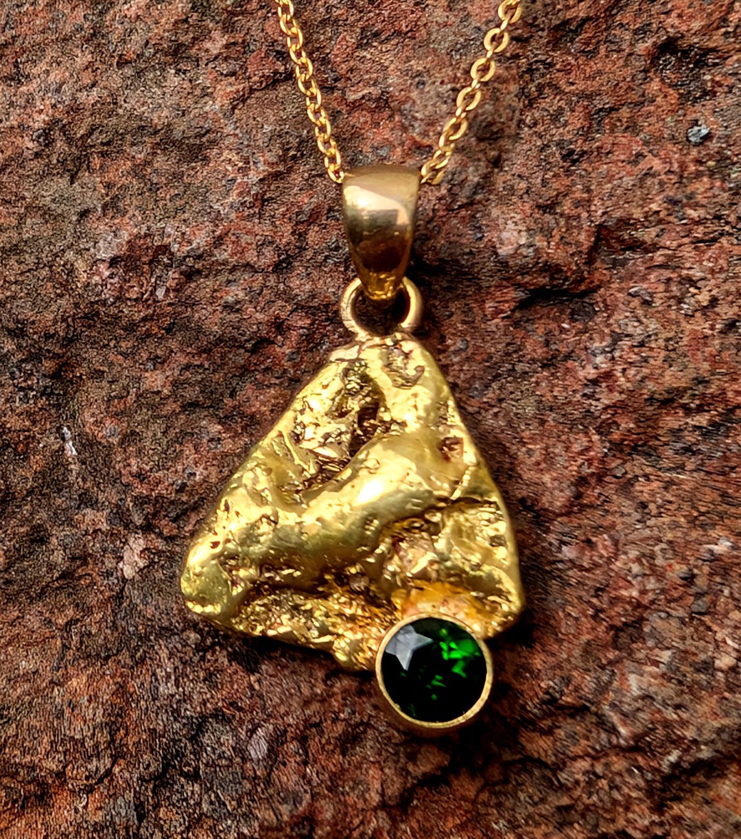 Gold Nugget Pendant & Chrome Diopside - Brilliant Green Gemstone