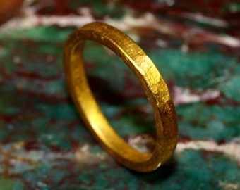 24k Gold Band - Solid Pure Gold - Hand Forged Hammered Square Ring - Rustic Handmade - Rough Matte Finish - Pure .999 Gold Ring