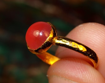 24k Solid Gold Rhodochrosite Ring - Solid Pure Gold - Hand Forged Half-Round Ring - Pink Rhodochrosite Cabochon - .999 Gold