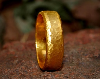 24k Gold Ring - 6mm Wide Band - Hand Forged Hammered Ring - Rustic Handmade - Solid .999 Purity Gold - Textured Finish - .999 Gold Ring