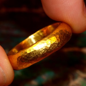 24k Gold Band - 6mm Half-Round Solid Gold - Hand Forged Hammered Texture - Rustic Handmade Men&#39;s Engagement Ring - Pure .999 Solid Gold Ring