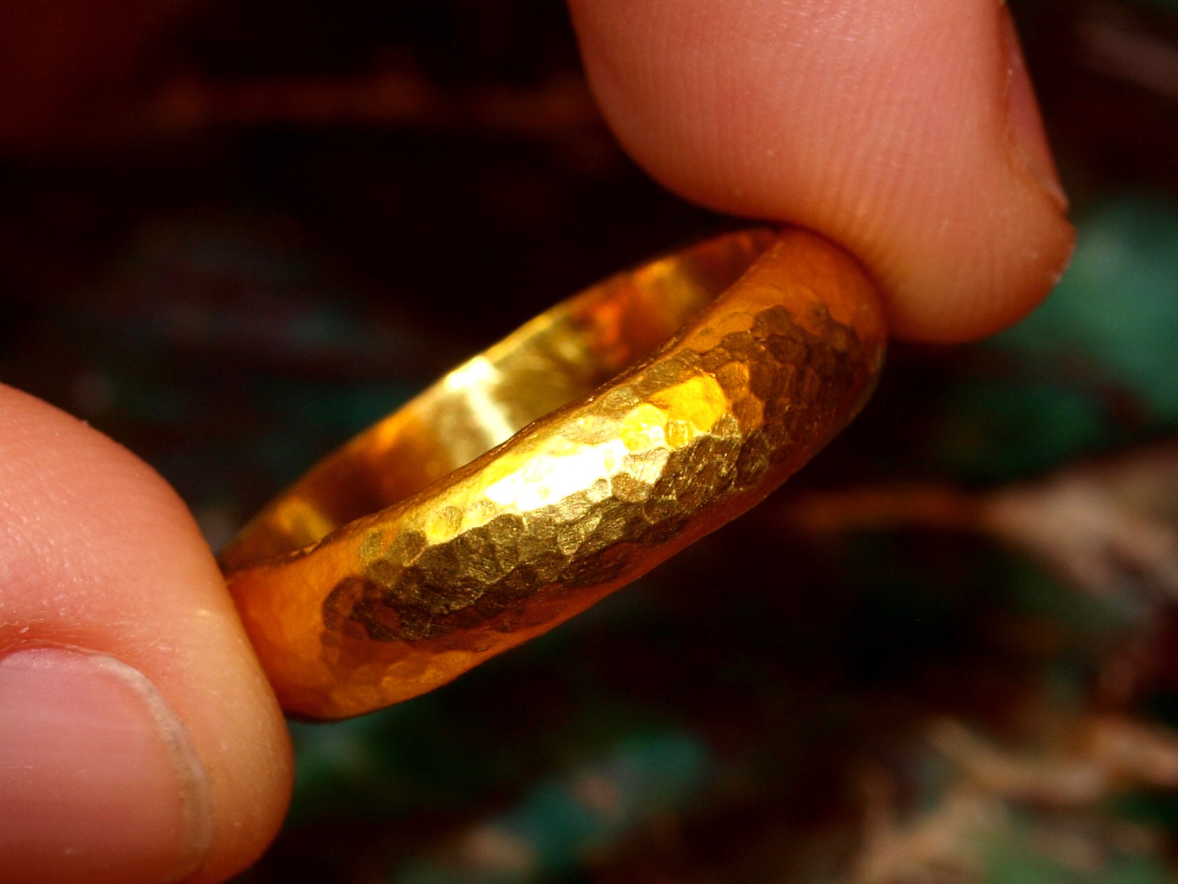 24k Gold Band - 6mm Half-Round Solid Gold - Hand Forged Hammered Texture - Rustic Handmade Men's Engagement Ring - Pure .999 Solid Gold Ring