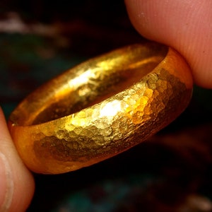 24k Gold Band - 7mm Comfort Fit Solid Gold Ring - Hand Forged Hammered Texture - Rustic Handmade Men's Engagement Ring - Pure .999 Gold image 1