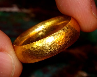 24k Gold Band - 7mm Comfort Fit Solid Gold Ring - Hand Forged Hammered Texture - Rustic Handmade Men's Engagement Ring - Pure .999 Gold