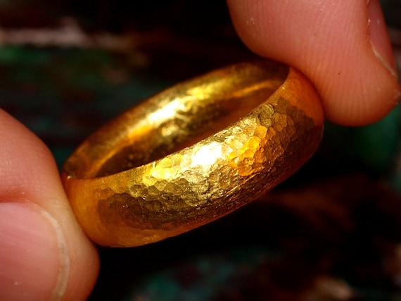 24k Gold Band - 7mm Comfort Fit Solid Gold Ring - Hand Forged Hammered Texture - Rustic Handmade Men's Engagement Ring - Pure .999 Gold