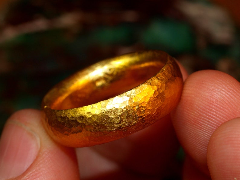 24k Gold Band - 7mm Comfort Fit Solid Gold Ring - Hand Forged Hammered Texture - Rustic Handmade Men's Engagement Ring - Pure .999 Gold image 5