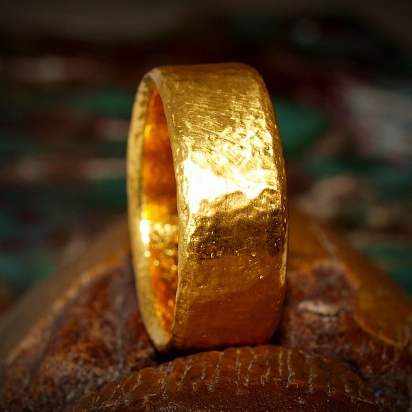 8mm Wide 24k Gold Ring - Cigar Band - Hand Forged Hammered Ring - Rustic Handmade - Solid .999 Purity Gold - Genuine Pure Solid Gold