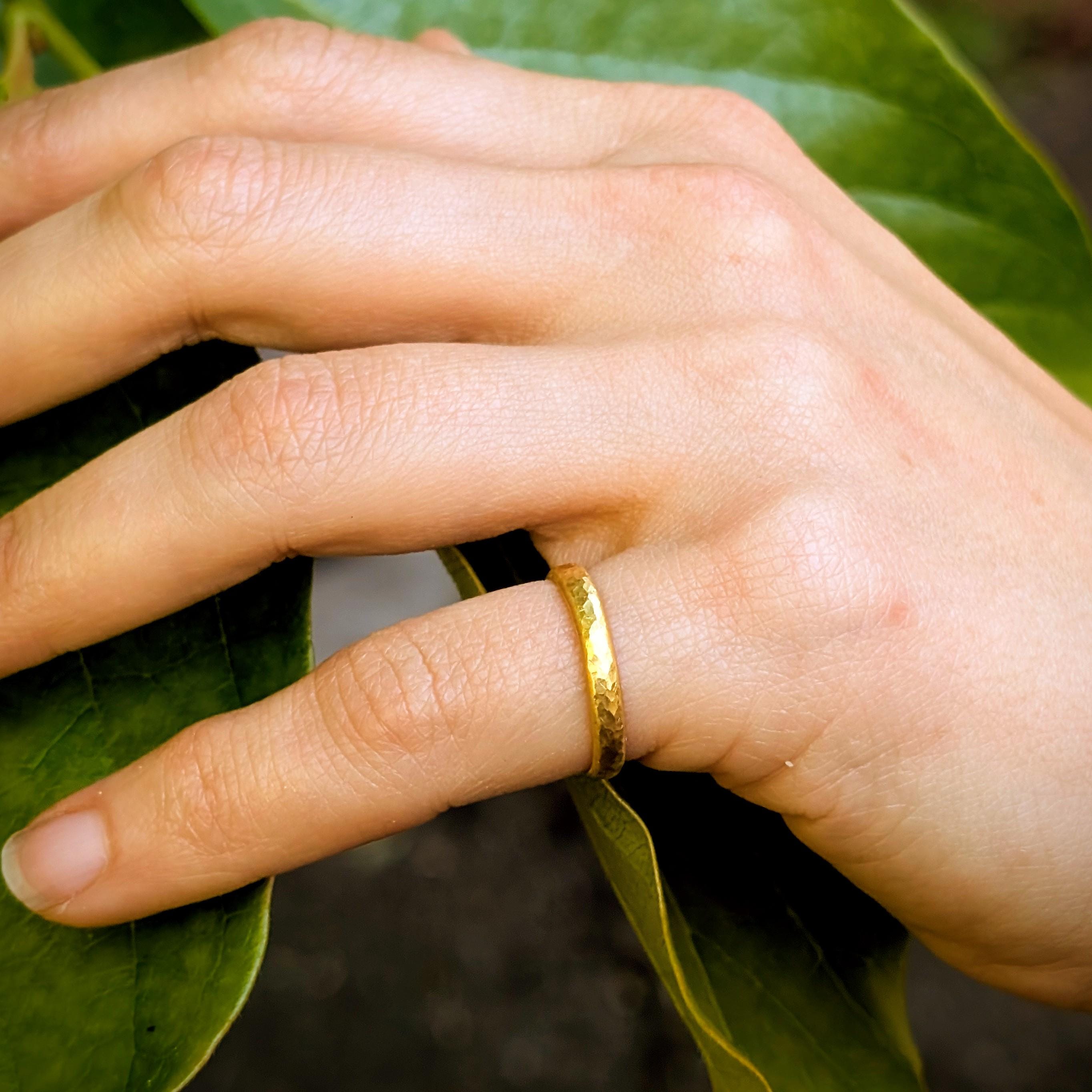 24k Gold Band - Solid Pure Gold - Hand Forged Hammered Half-Round 