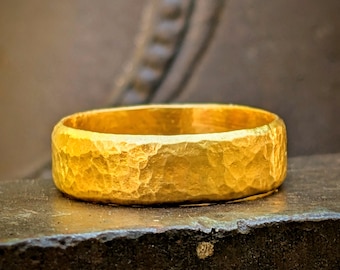 24k Gold Ring, 6mm Wide Band, Hand Forged Hammered Texture