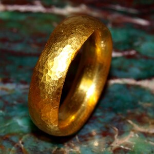 24k Gold Band - 7mm Comfort Fit Solid Gold Ring - Hand Forged Hammered Texture - Rustic Handmade Men's Engagement Ring - Pure .999 Gold image 3