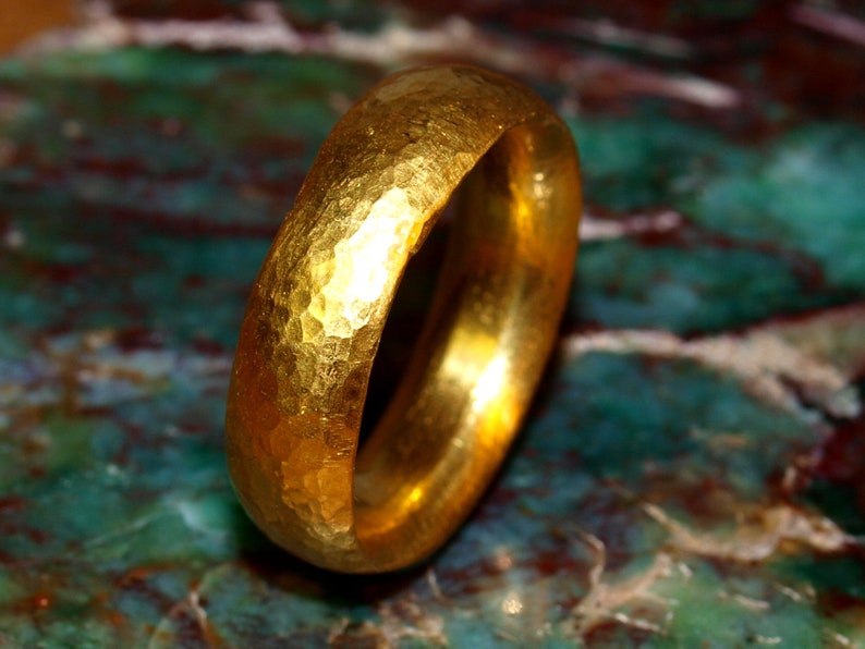 24k Gold Band - 7mm Comfort Fit Solid Gold Ring - Hand Forged Hammered Texture - Rustic Handmade Men's Engagement Ring - Pure .999 Gold image 3