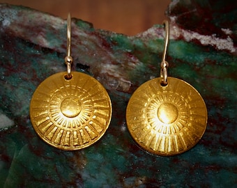 24k Gold Sun Dangle Earrings - Solid 24k - Warm Sun Disc Earrings - 14k Hooks - Solid Gold Components - Hypoallergenic Gold Jewelry (E11)