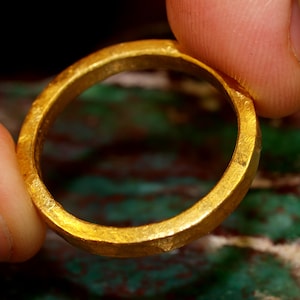 24k Gold Band - Solid Pure Gold - Hand Forged Hammered Square Ring - Rustic Handmade - Rough Matte Finish - Pure .999 Gold Ring