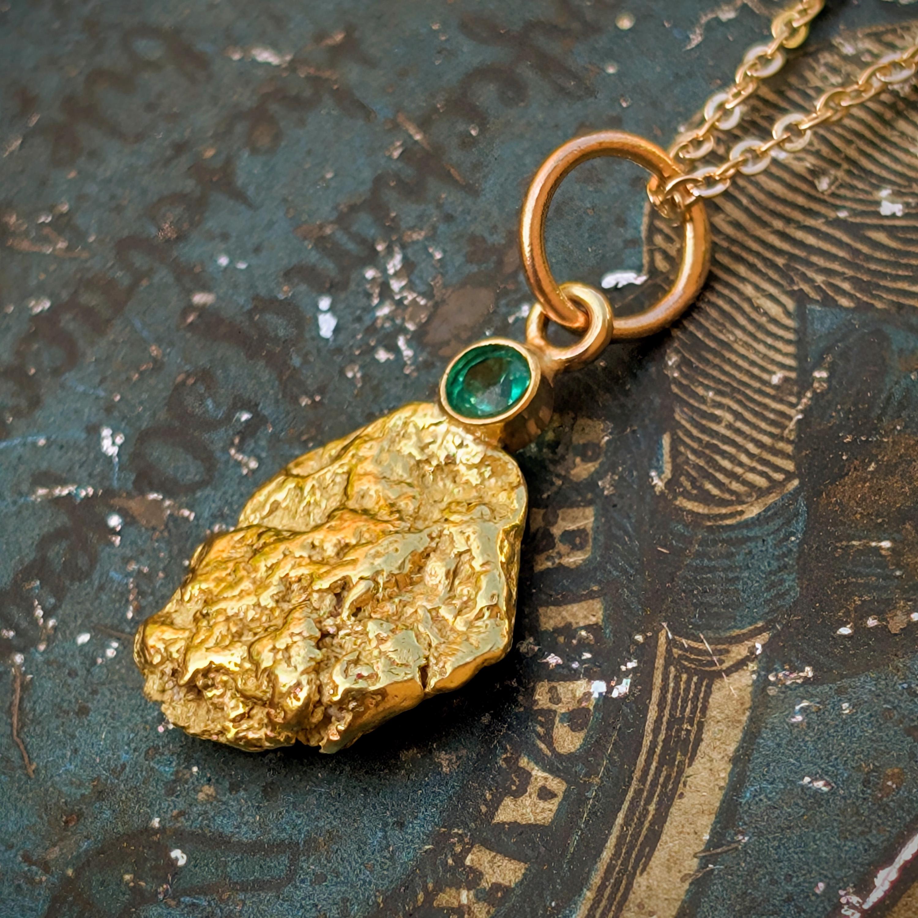 Gold Nugget & Emerald Pendant - Genuine Raw Gold Nugget - Gold