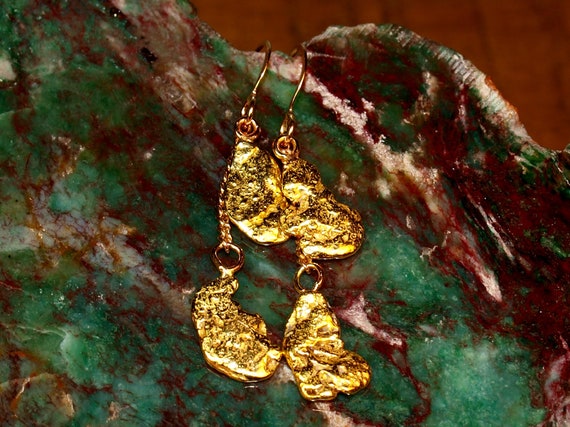 Gold Nugget Double Dangle Earrings Natural Genuine Gold Nugget