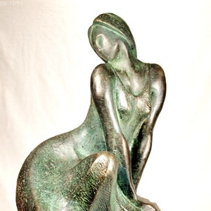 Bronze sculpture, large size woman on a pedestal, coldcast execution with green patina