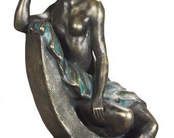 Figurative sculpture, synthetic bronze statue, young seated woman