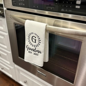 White waffle kitchen towel with grandma option in black thread