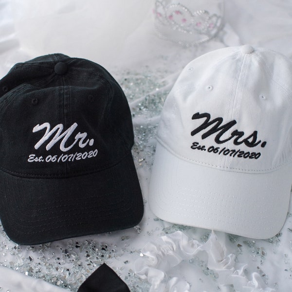 Mr and Mrs Custom hat set, Bride and groom, wedding gift, embroidered gift, anniversary gift, gift or husband, gift for wife