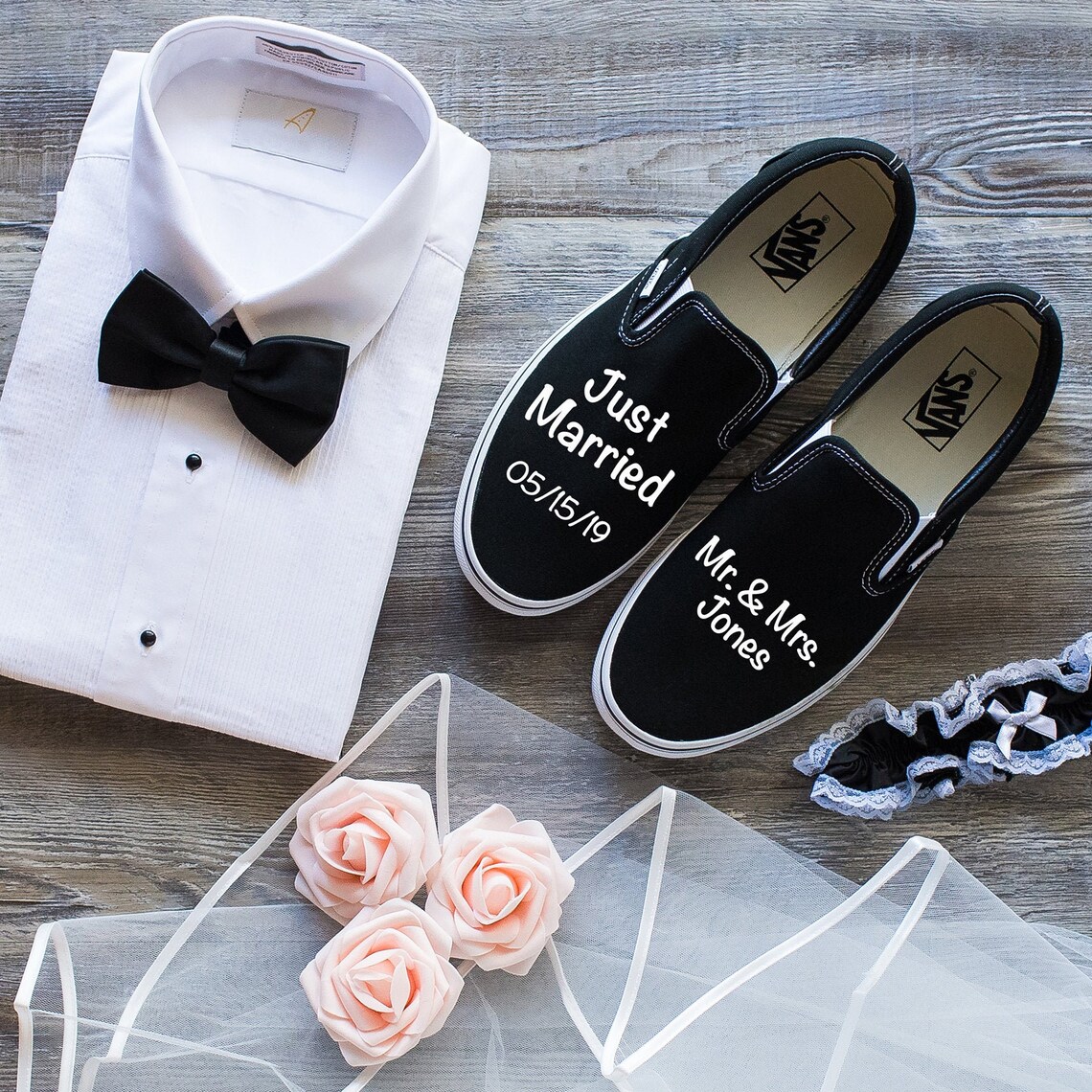 Just Married black slip on Wedding Vans Shoes wedding gift image 1