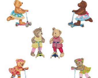 6er-Set Stoffflicken zum Aufbügeln, Teddybär mit Roller, Mädchen/Junge, zum Aufnähen oder Scrapbooking