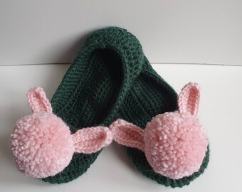 Pom Pom Slippers, Crochet Pom Pom Slippers, Crochet Bunny Slippers, Pom Pom Bunny Slippers