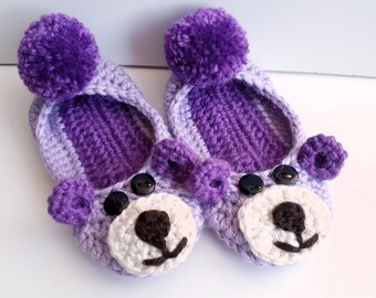 Crochet Bear Slippers, Purple Bear Slippers, Pink Crochet Slippers, Kids Bear Slippers, Slippers for Her, Slippers for Toddler
