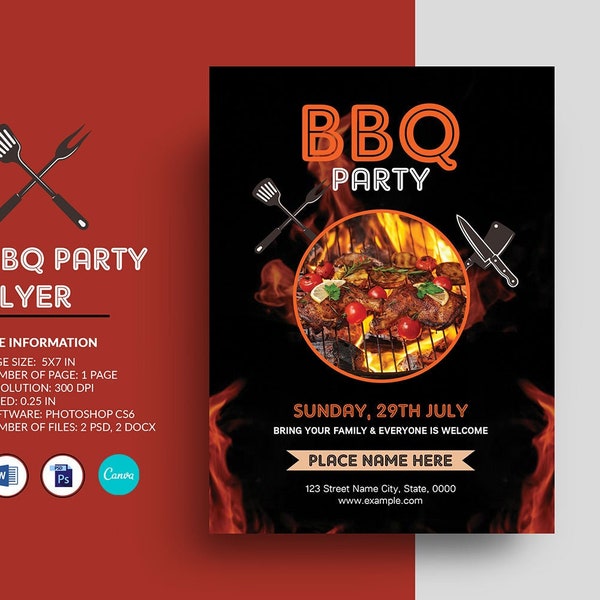 Sjabloon voor uitnodiging voor barbecuefeest | BBQ-feestvlieger | Mevrouw Word, Photoshop en Canva-sjabloon, direct downloaden