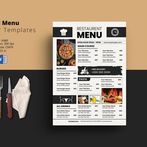 Restaurant menu template, Food Menu Flyer Template | Printable Digital Menu flyer | Photoshop and MS Word Template | Instant download
