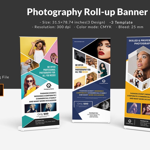 Photography Roll-Up Banner | Rollup Banner Template for Professional Photographer | Photoshop and Illustrator Template