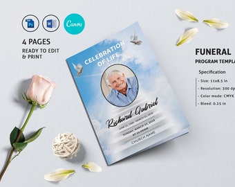 Heavenly Dove Funeral Program Template | Obituary Template, | Canva, Ms Word and Photoshop template | Instant Download Fp-360