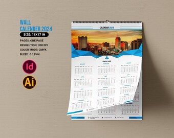 Wall Calendar Template 2024 | Poster Calendar | InDesign & Illustrator Template |Instant Download