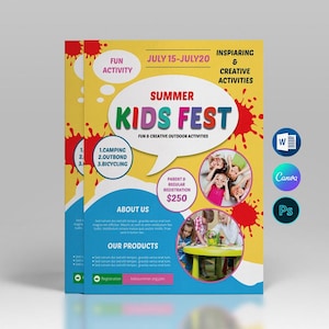 Kids Summer Camp Flyer Template: Fun, Bright Design (Photoshop, Word, Canva - Instant Download)