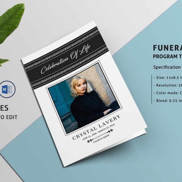 Printable Funeral Program Template | Obituary Template | |  Photoshop, MsWord & Mac Page template |Instant Download Fp-339