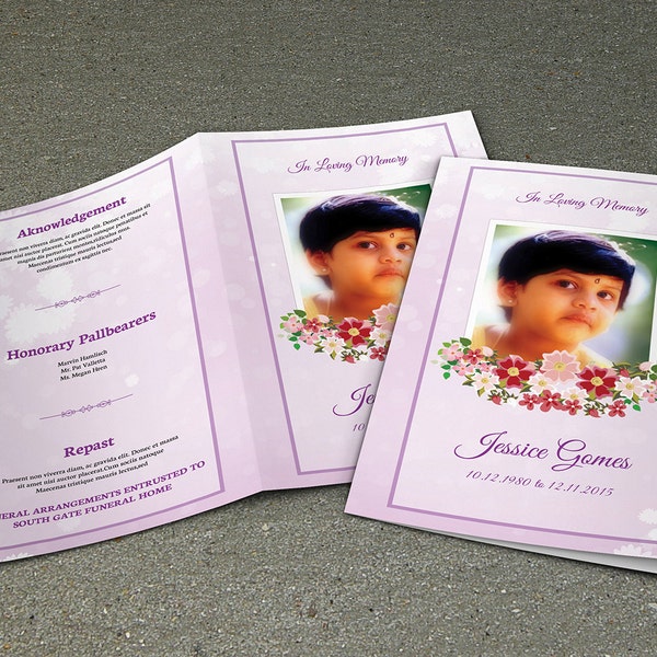 Child Funeral Program Template | Memorial Program | Obituary Program | Photoshop, MS Word & Mac Page Template | Instant Download--Fp-027