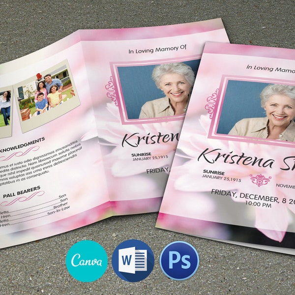 Pink Floral Funeral Program Template | Obituary Template | Canva, Photoshop, Mac Page and MS Word Template | Instant Download - FP060