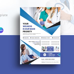 Modelo de folheto promocional para clínica de saúde | Design personalizável para serviços médicos, folheto de hospital | MS Word, Photoshop e Canva