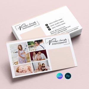 Puede incluir: Una pila de tarjetas de visita con un diseño rosa claro y blanco. Las tarjetas presentan el texto "Veronique hamada PHOTOGRAPHY" e incluyen fotos de muestra. También son visibles iconos de redes sociales e información de contacto.