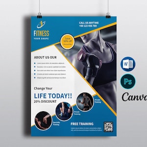 Fitness Club Flyer Template |  Gym Flyer Template | MS Word,  Photoshop & Canva Template,  Instant Download