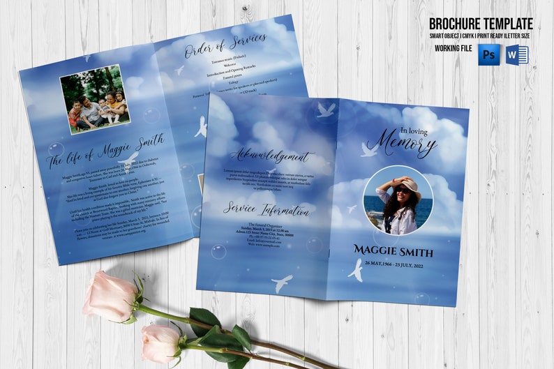 Printable Funeral Program Template Blue Sky Obituary Template Ms Word & Photoshop template Instant Download Fp-539 image 1