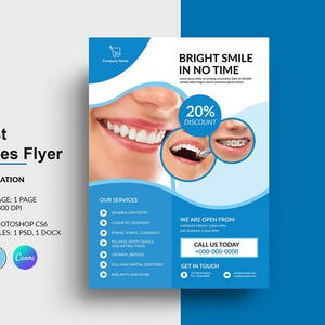 Professionelle Zahnarzt Dienstleistungen Flyer Vorlagen - Anpassbare Designs | MS Word, Photoshop und Canva Vorlage | Sofort Download