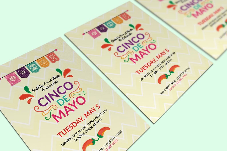 May include: A yellow and white invitation with a colorful Cinco de Mayo design. The text reads "Join Us For A Fiesta To Celebrate Cinco de Mayo" and "Tuesday, May 5. Drinks | Live Music | Food | Free Entry. Doors Open At 9PM."