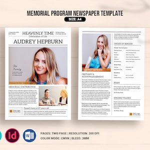 Printable Funeral Program Newspaper Template | Newspaper Style Obituary Template | Ms Word, Indesign & Canva template Fp-551