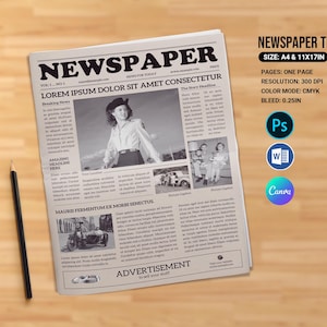 Jednostronicowy szablon gazety, okładka gazety w stylu vintage | Adobe Photoshop, MS Word i Canva Template | | Natychmiastowe pobranie