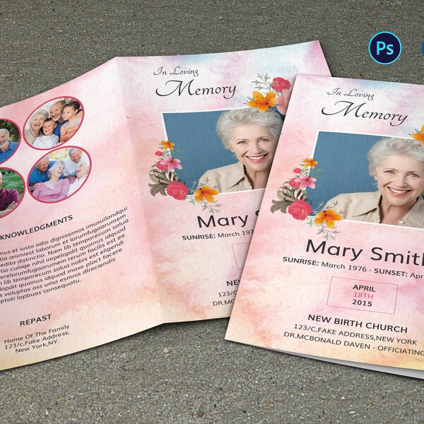 Floral Funeral Program Template | Obituary Template | Photoshop, MS Word  & Mac Page Template | Instant Download--Fp-017