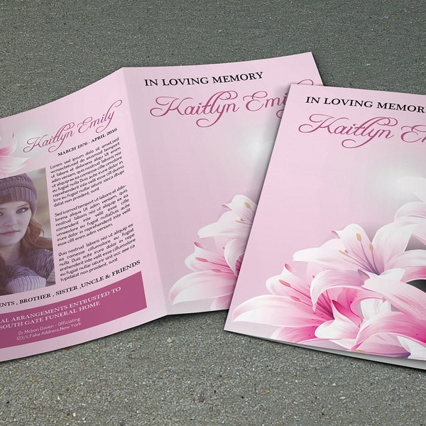 Pink Floral Funeral Program Template | Obituary Template| Photoshop, Mac Page and MS Word Template | Instant Download--Fp-126