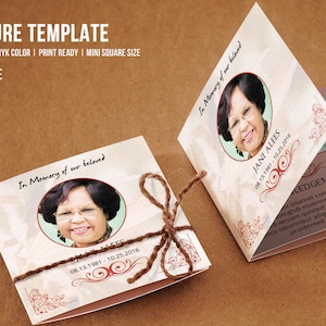 May include: A folded brochure template with a beige background and red accents. The brochure features a photo of a woman and the text "In Memory of our beloved" and "Jani Alees 08.13.1981 - 10.25.2016".