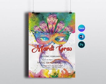 Mardi Gras Party Flyer Template – Festive and Eye-Catching Design, Carnival Flyer | MS Word and Photoshop  | Instant download