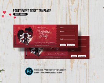 Valentine's Day Party Ticket Template | Valentine day event ticket |  Photoshop Template, Instant Download